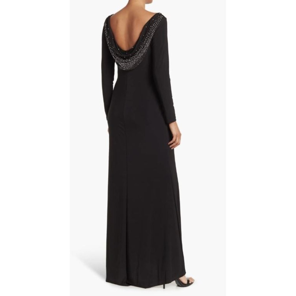 Marina Women's Cowl Back Draped Beaded Long Sleeve Evening Gown in Black Size 12
